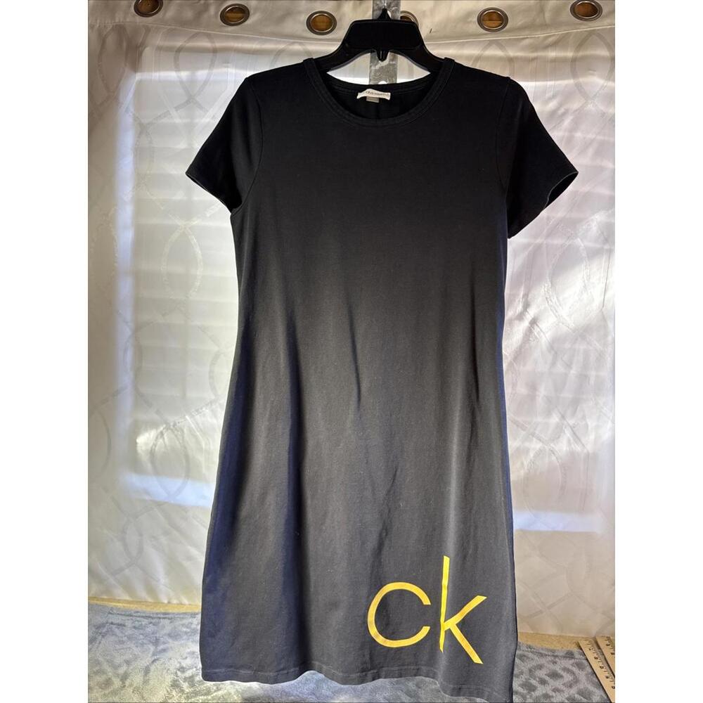 CALVIN KLEIN T-Shirt Dress LOGO Iconic Women's Dress Small Blk/Gold